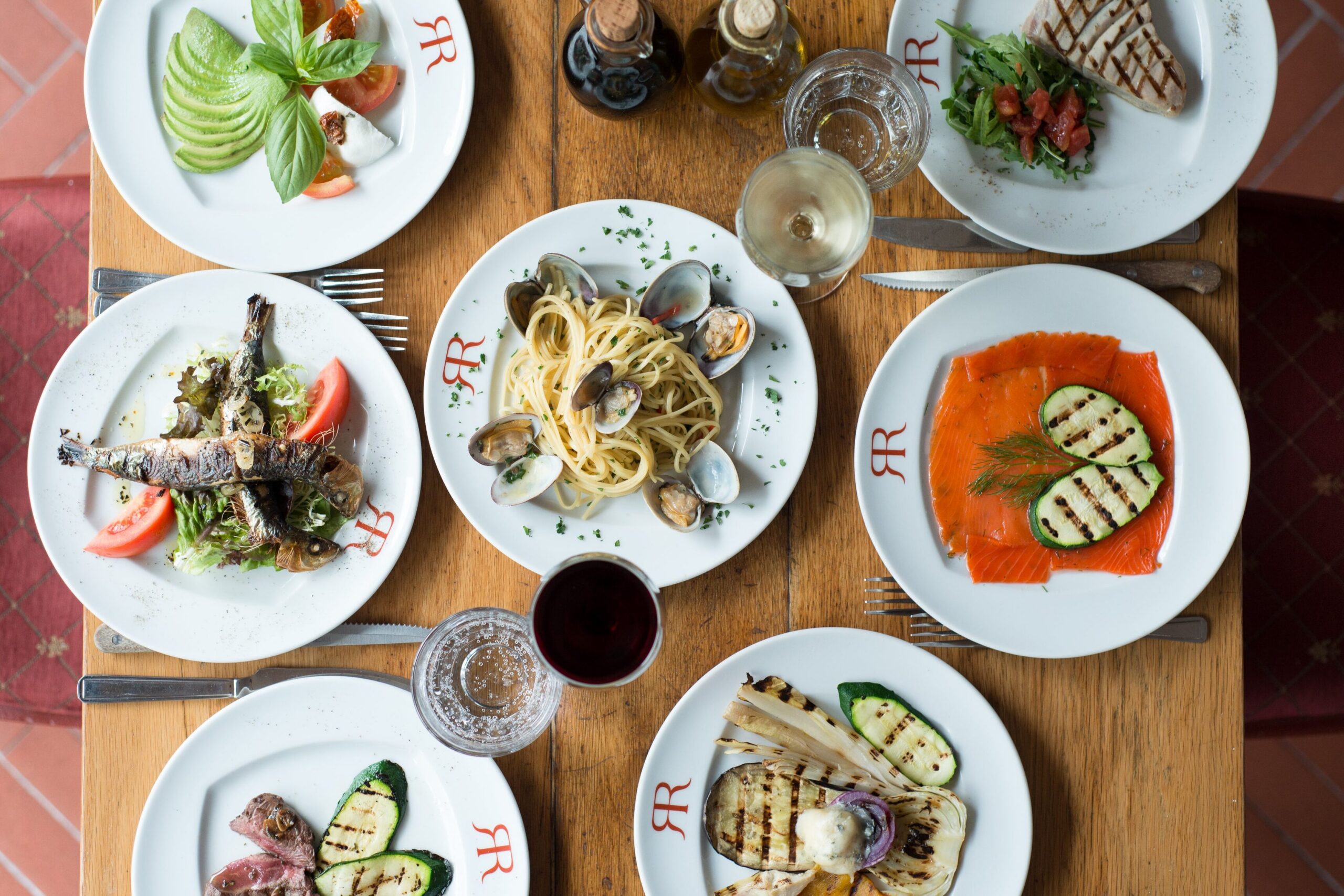 Selection of Italian dishes at Riccardo’s restaurant in Chelsea including pasta seafood and antipasti
